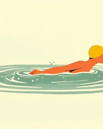 Riso illustration of a swimmer in polka-dot swimwear — the visual for the Telehealth Economy desk.